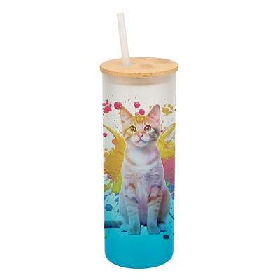 100 North 25 Ounce Frosted Glass Gradient Travel Tumbler With Straw & Wooden Lid, Tabby Cat Paint Splatter Sky Blue