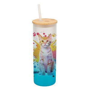 100 North 25 Ounce Frosted Glass Gradient Travel Tumbler With Straw & Wooden Lid, Tabby Cat Paint Splatter Sky Blue - 1 of 4