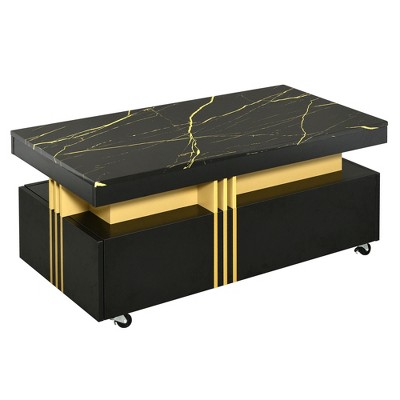 Lirago Rectangle Coffee Table Faux Marble Top Gold Metal Bars Caster Wheels Spacious Drawers Modern Luxury Cocktail Table Living Room Black
