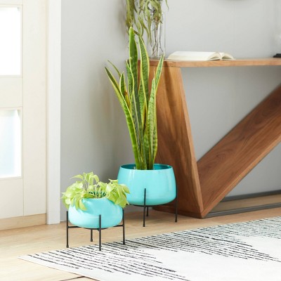 Teal Polished Metal Indoor/Outdoor Floor Planter Set with Black Stands