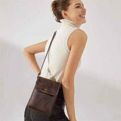 FATMOON Women's PU Leather Mini Vertical Crossbody Bag with Phone Pocket, Coin Purse, and Key Holder - Retro Soft and Lightweight Bag