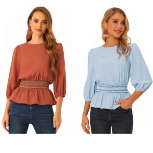 Allegra K Women's 3/4 Sleeve Round Neck Smocked Waist Peplum Blouse 2 Packs - 1 of 4