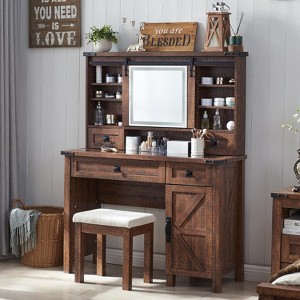 Farmhouse Makeup Vanity Tables with Sliding Lighted HD mirror, Vanity Desk with Glass Tabletop for Bedroom, Stool Included, Reclaimed Barnwood - 1 of 4