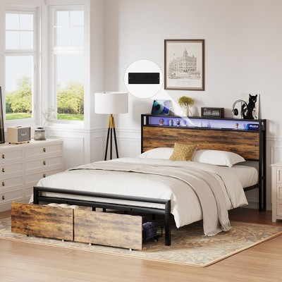 Metal Bed Frame with 2 Storage Drawers and LED RGB LED light