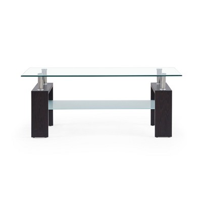 43" Coffee Table with Glass Top, 1 Shelf and Metal Accents with Center Bar for Living Room or Modern Interiors