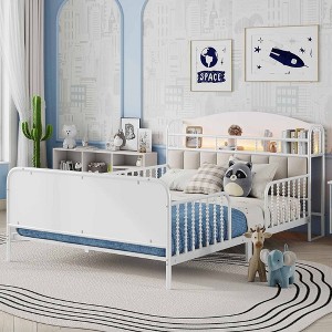 QingMoon Twin Bed Frame for Kids, Metal Platform Bed Frame with Light, Modern Twin Size Beds with Rails and Storage Headboard for Girls & Boys - 1 of 4
