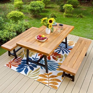3pc Acacia Patio Dining Set with 2 Benches - Teak - Captiva Designs: Weather-Resistant, Steel Legs - 1 of 4