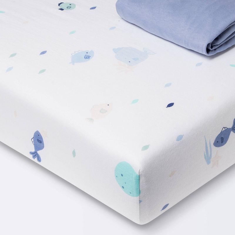 Fitted Jersey Crib Sheet 2pk - Cloud Island&#8482; Fish Friends and Solid Blue, 1 of 7