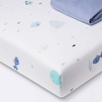Fitted Jersey Crib Sheet 2pk - Cloud Island™ Fish Friends and Solid Blue