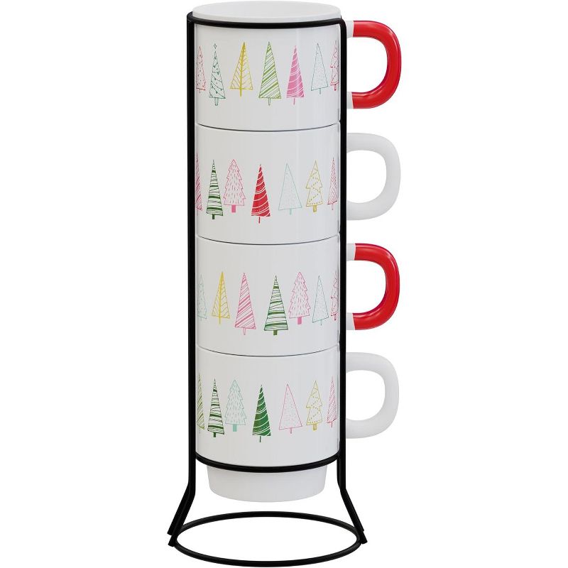 American Atelier Christmas Ceramic Mug & Rack Set - 4 Cups & Standing Metal Rack for Kitchen Countertop, Tabletop, Island, or Café Display, 14 oz, 1 of 5