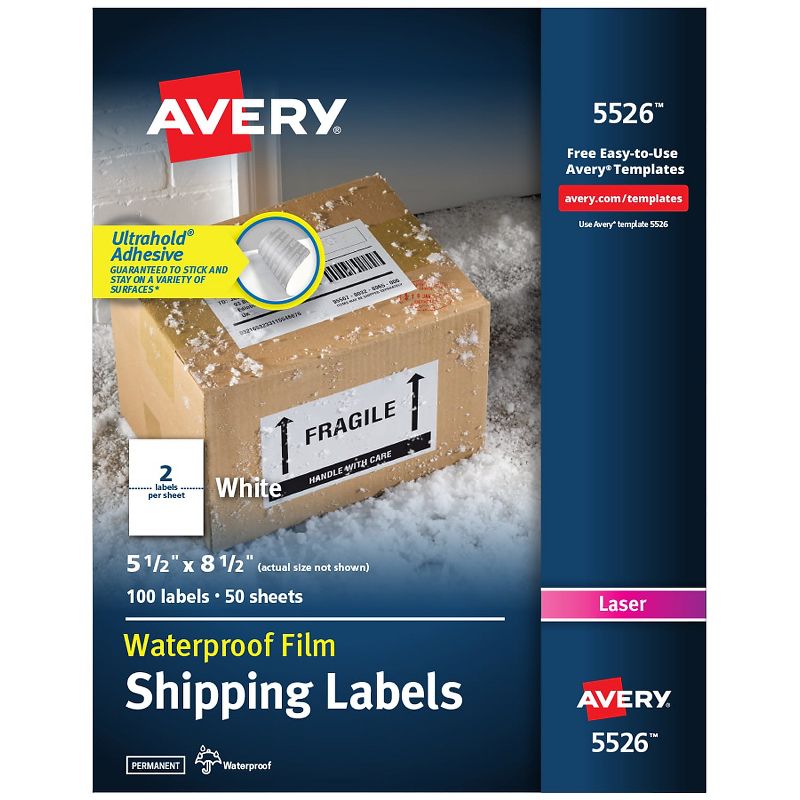 Avery WeatherProof Shipping Labels w/TrueBlock Laser White 5 1/2 x 8 1/2 100/Pack 5526, 1 of 9