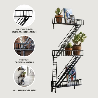 Black Steel 3-Tier Fire Escape Wall Shelf