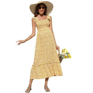 Clearlove Womens Maternity Dress Sleeveless Smocked Square Neck Floral Ruffle Hem Casual Boho Midi Dress Baby Shower Photoshoot - 1 of 4