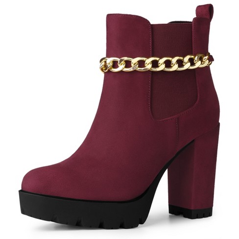 Allegra K Women's Platform Buckle Lace Up Block Heel Ankle Boot Burgundy 7  : Target