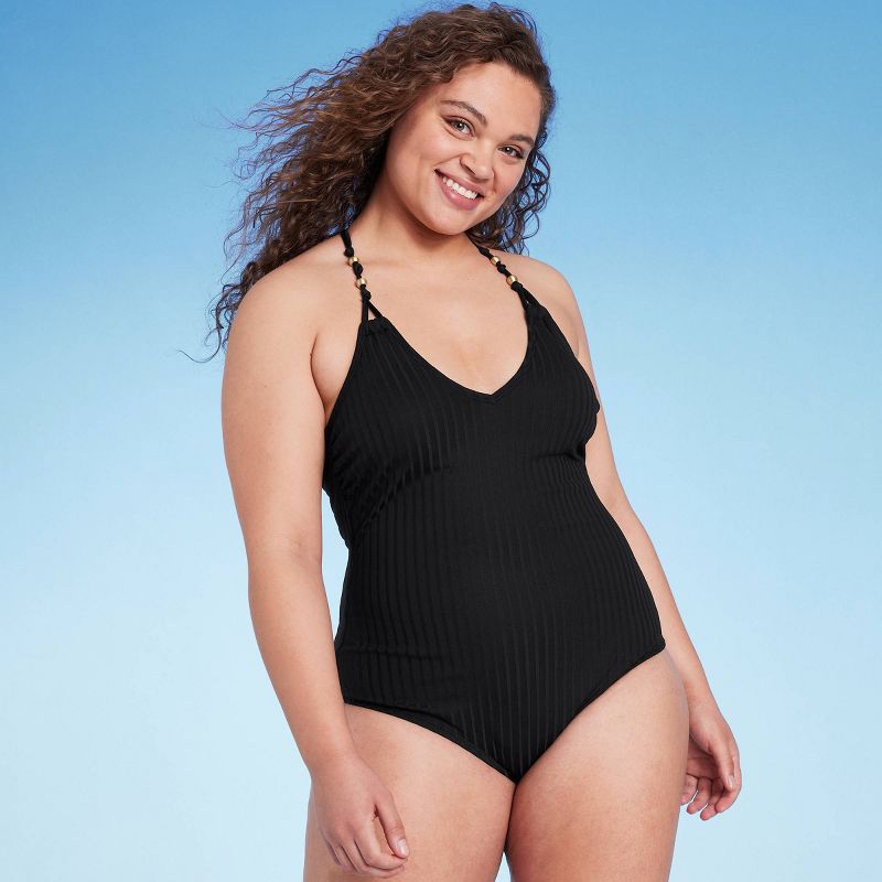 Women's Ribbed Bead Knot Detail One Piece Swimsuit - Shade & Shore™ Black, 5 of 7