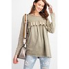 Slickblue Long Sleeve Ruffled Sleeve Oil Washed Knit Tunic, Soft Cotton, Casual Style, Mauve/Faded Olive, Size S-L - 3 of 4