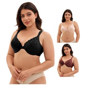INSPIRE CHIC 3 Pcs Women's Front Closure Lace Trim Underwire Adjustable Straps Plunge Bras - 1 of 4