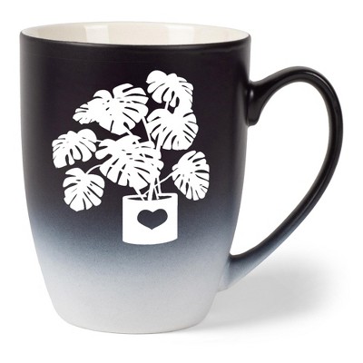 Elanze Designs Botanical Foliage Nature Coffee Cup Mug 12 Ounce Ceramic With Ombre Gradient Elegant Minimalist Monstera in Heart Planter Silhouette