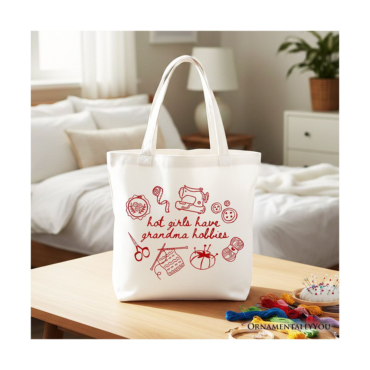 Granny Era Sewing Knitting Tote Bag, Hot Girls Have Grandma Hobbies Funny Gift Shopper | OrnamentallyYou
