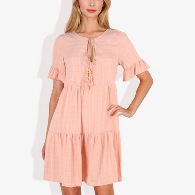 Anna-Kaci Women's Ruffle Sleeve Tiered Dress With Button And Tassel Detail- Medium, Pink