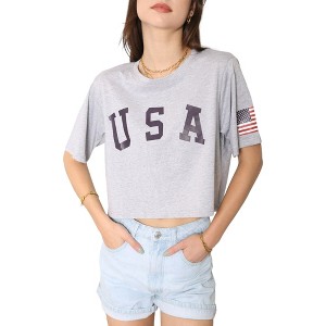 Anna-Kaci Women's Letter Print Crop Top Short Sleeve July 4th USA Flag T-Shirt - 1 of 4