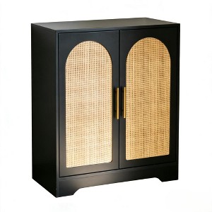 Sideboard Buffet Cabinet with Storage, 2 Rattan Doors Modern Console Table Coffee Bar Cabinet for Living Room, Entryway, Black. - 1 of 4