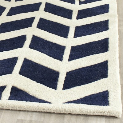 Ivory and Dark Blue Hand-Tufted Wool Square Rug, 5' x 5'