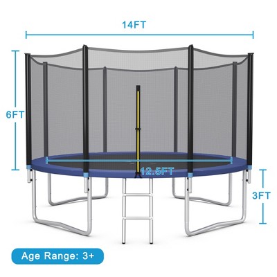 14 ft Black and Blue Outdoor Trampoline with Safety Net and Ladder