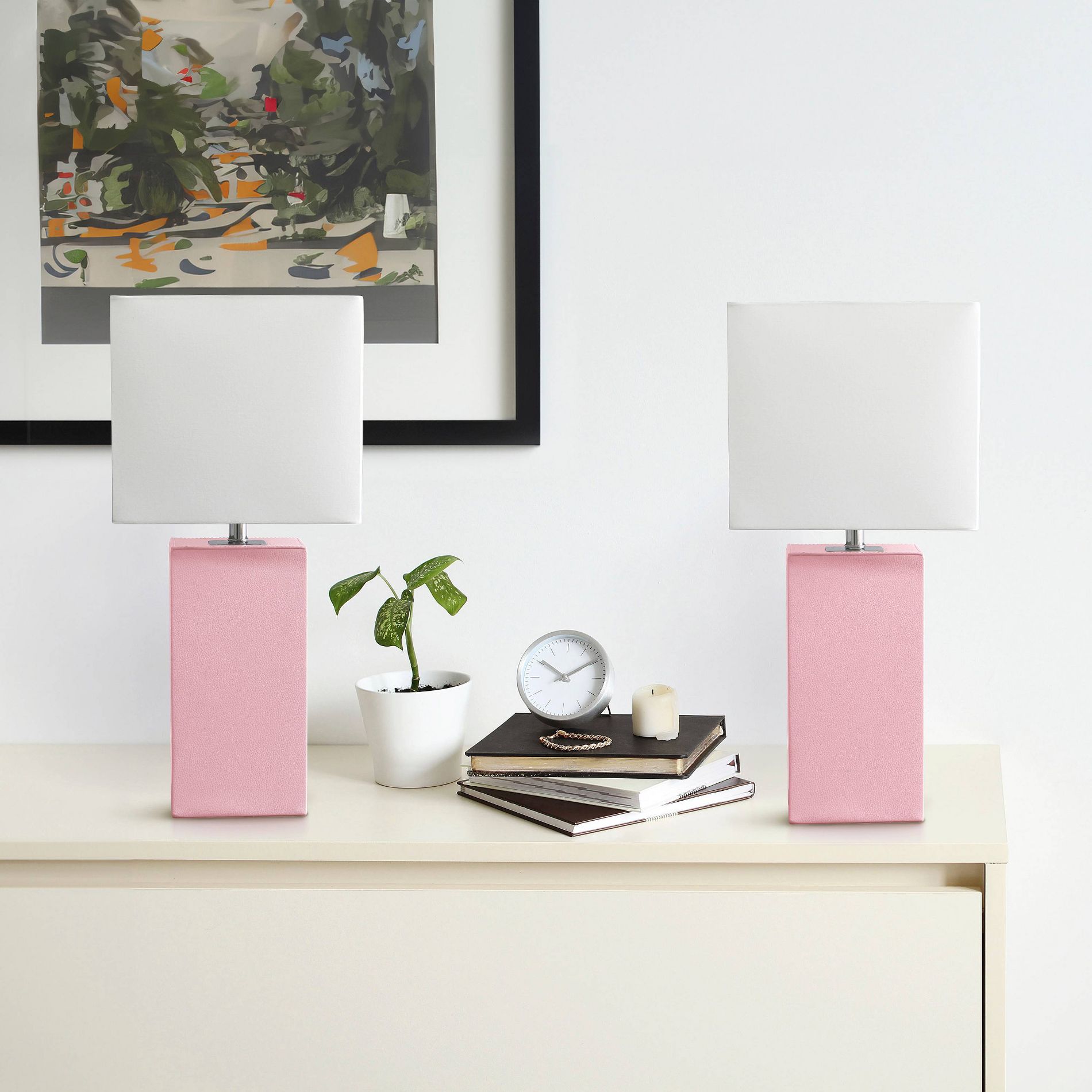 Lalia Home Lexington (Set of 2) 21" Leather Base Table Lamps Pink with White Fabric Shade