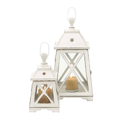 Set of 2 Trapezoid Wood/Glass Candle Holders White - Olivia & May: Elegant Lantern Design for Pillar Candles