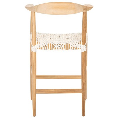 Curved Natural Teak & Woven White Leather Counter Stool