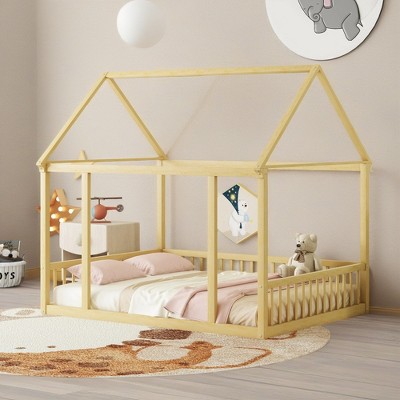 ROOMTEC Floor Wooden Bed with House Roof Frame