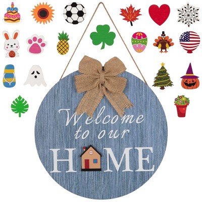 Front Door Welcome Sign Decor Round Wooden 20 pcs Plaques Hanging Door Mount Decor for Outdoorf Farmhouse Porch Interchageable Wall Pediment