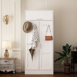 Famapy Wardrobe Pure White Vertical Double Door Closet Wardrobe with Hanging Shelves - 1 of 4