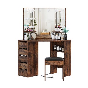 57''H Corner Vanity w/Tri-Fold Mirror & Lights - 44'' Desk w/5 Drawers, Built-in Outlets (Rustic Brown) - 1 of 4