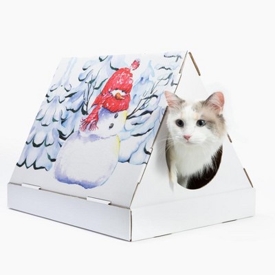 Festive Snowman Cardboard Cat Scratcher House with Toy