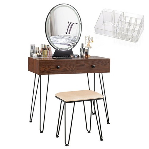 Costway Vanity Table Set Lighted Mirror Storage Drawer Shelf Cushion Stool  : Target