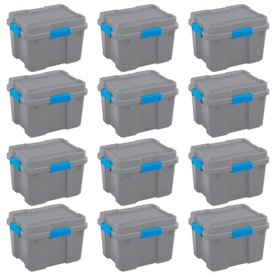 Sterilite 20 Gallon Heavy Duty Plastic Gasket Tote Stackable Storage Organization Container Box with Lid and Latches, Titanium Gray/Blue (12 Pack)