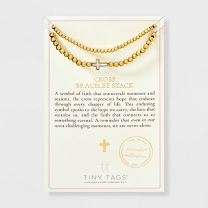 Tiny Tags 14K Gold Ion Plated with Mother of Pearl Inlay Cross Beaded Stretch Bracelet Set - Gold - 1 of 4