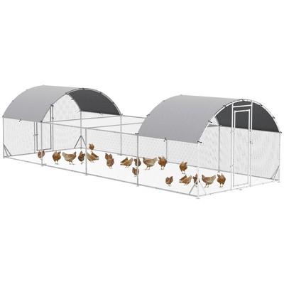 PawHut Chicken Run, 25' x 9' Large Chicken Coop Run with Water-Resistant and Anti-UV Cover, Door, Metal Chicken Pen for 20-24 Chickens, Silver