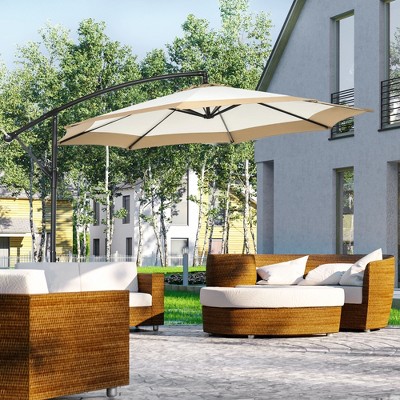 Tan Cantilever Patio Umbrella with Crank and Cross Base