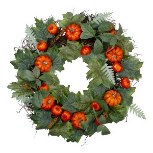 Northlight Maple and Fern Leaves with Pumpkins Artificial Wreath, Orange 24-Inch - 1 of 3