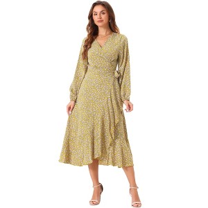 Allegra K Women's Floral Long Sleeve Wrap Tie Waist Ruffle Split Hem Boho Maxi Dress - 1 of 4