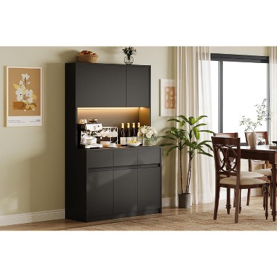 Homhougo Tall Kitchen Storage Cabinet with Shelves, Doors, Microwave Stand, Corner Pantry Cabinet with Lights, White