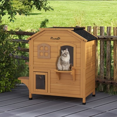 Natural Wood 2-Story Outdoor Cat House with Platforms