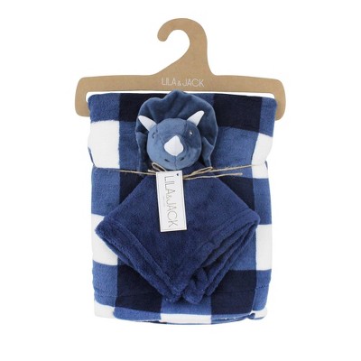 Image of Lila and Jack Navy and White Gingham Print Fleece Kids' Throw with Navy Dino Lovey