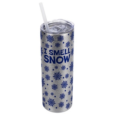 Elanze Designs Blue Snowflake Pattern Silvertone Sparkle 20 Ounce Double Wall Stainless Steel Glitter Travel Tumbler With Sliding Lid And Straw, I