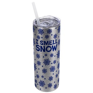 Elanze Designs Blue Snowflake Pattern Silvertone Sparkle 20 Ounce Double Wall Stainless Steel Glitter Travel Tumbler With Sliding Lid And Straw, I - 1 of 4