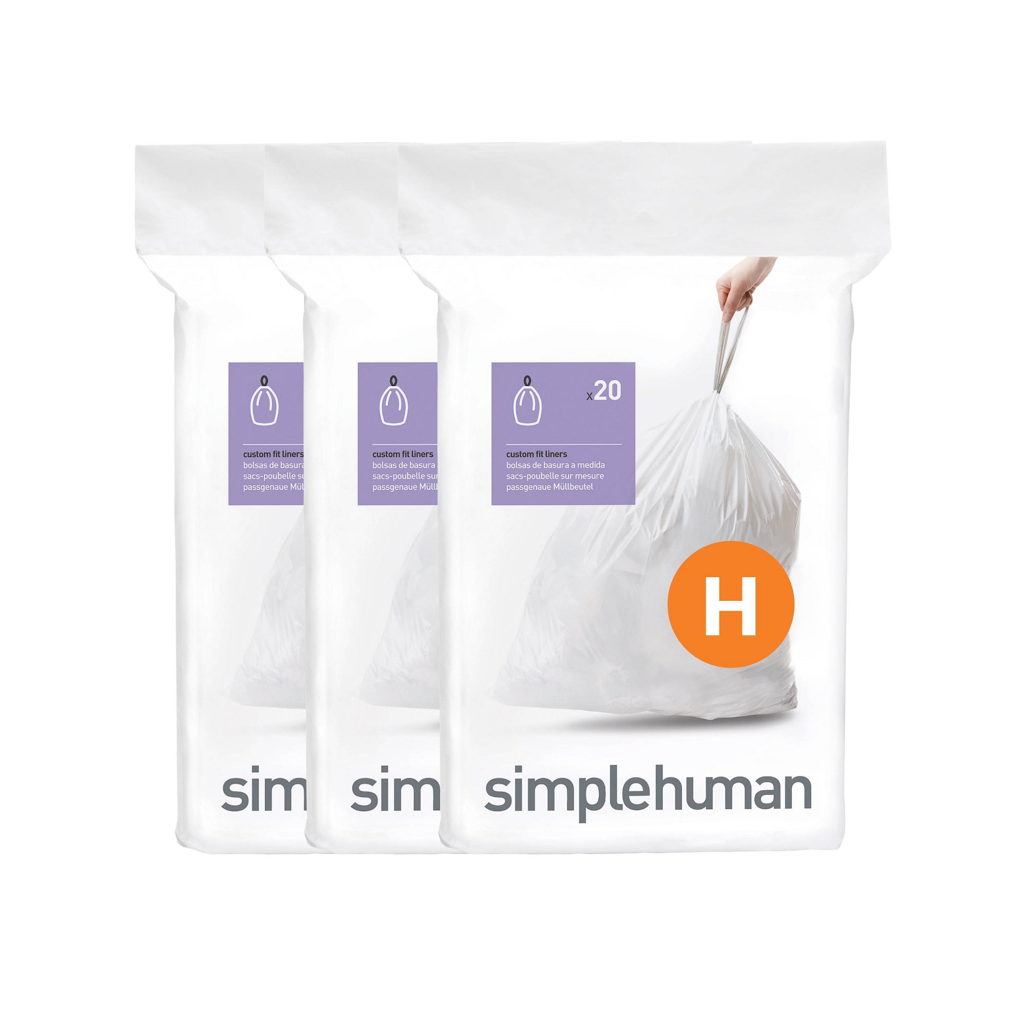 simplehuman 30-35L Code H Custom Fit Kitchen Trash Bag Liners 3 Quick Dispense Packs - 60ct: Tall Kitchen, Drawstring, White