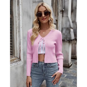 Womens Tie Front Cardigan Long Sleeve Rib Knit Shrug for Dress Sweaters Open Front Crop Tops - 1 of 4